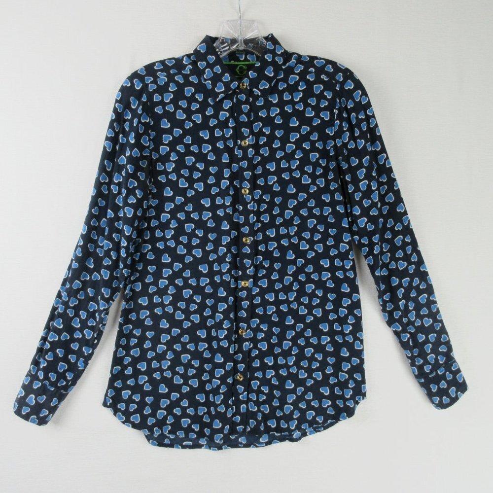 C. Wonder Blue Hearts Aflutter Silk Blouse Size XS Navy Sky Blue